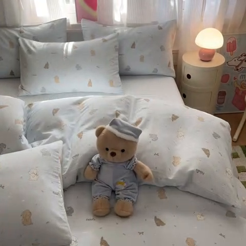 91家纺网 家纺一手货源 找家纺 博雅 2025新款全棉A类双层纱四件套 兔兔蜜语