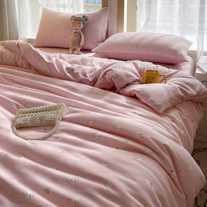 91家纺网 家纺一手货源 找家纺 仟网汇 2025新款针织双层纱AB版四件套 萌萌小猫