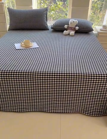 91家纺网 家纺一手货源 找家纺 柠萌家居 2025新款无印风全棉色织A类母婴级纯棉水洗棉床单 黑白小格