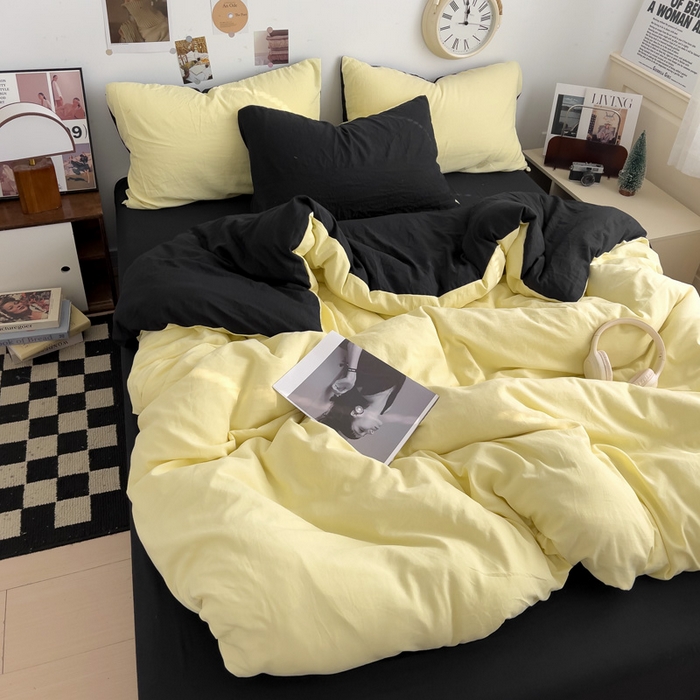 91家纺网 家纺一手货源 找家纺 花伞家居 2025新款纯色拼色柔软亲肤水洗棉简约四件套   奶黄+黑