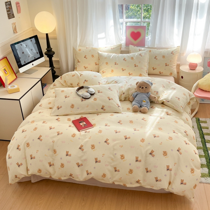 91家纺网 家纺一手货源 找家纺 博雅 2025新款全棉A类双层纱四件套 黄油小熊