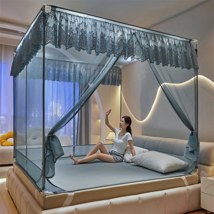 91家纺网 家纺一手货源 找家纺 青竹苑 2025新款花边TU拉链外穿全底坐床蚊帐 海洋蓝