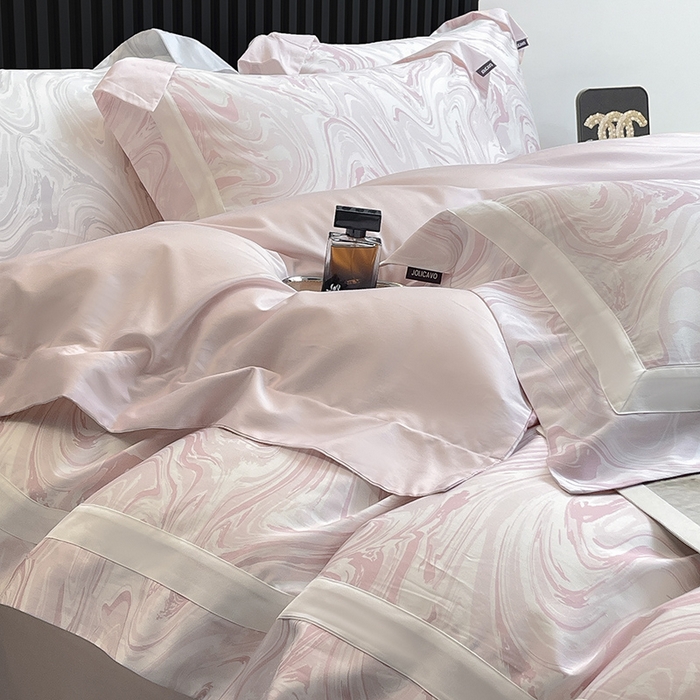91家纺网 家纺一手货源 找家纺 【直播爆款】A类全棉数码印花四件套纯棉轻奢风长绒棉床单被套条纹床上用品 SM浮影-静谧粉