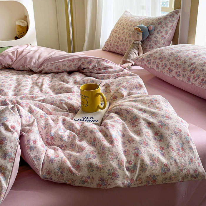 91家纺网 家纺一手货源 找家纺 仟网汇 2025新款针织双层纱AB版四件套 粉娜