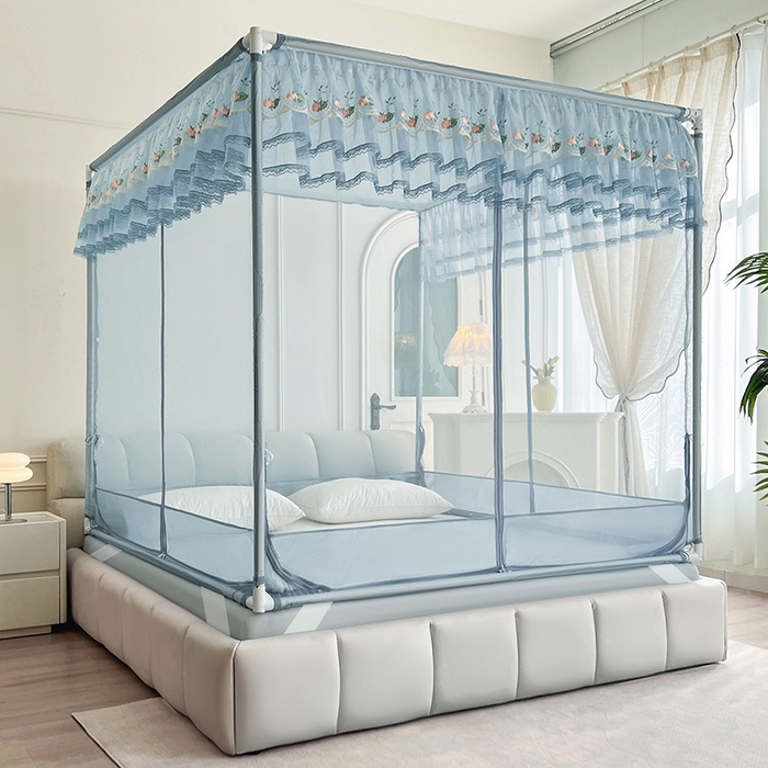 91家纺网 家纺一手货源 找家纺 青竹苑 2025新款紫荆花床笠式坐床防摔蚊帐 青春蓝