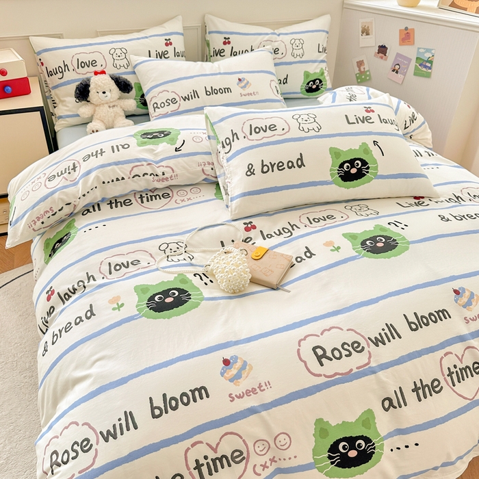 91家纺网 家纺一手货源 找家纺 柠馨 2025新款13372全棉床单床笠枕套被套单品系列-单被套 喵星人