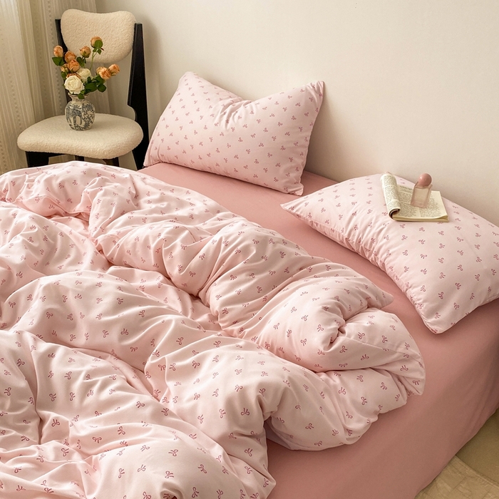 91家纺网 家纺一手货源 找家纺 欧尚 2025新款有氧针织双层纱四件套 洁美粉