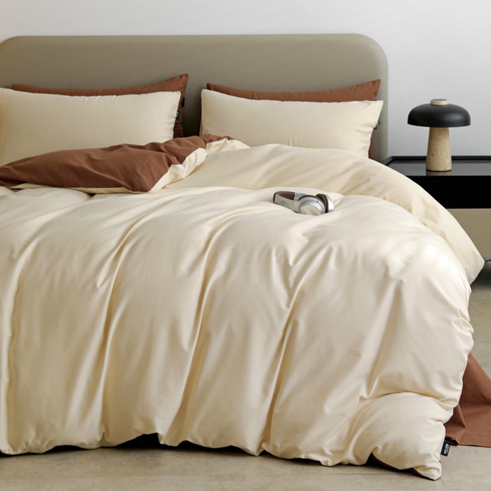 91家纺网 家纺一手货源 找家纺 富馨莱 2025新款60支纯棉纯色双拼四件套 奶白+亚麻咖