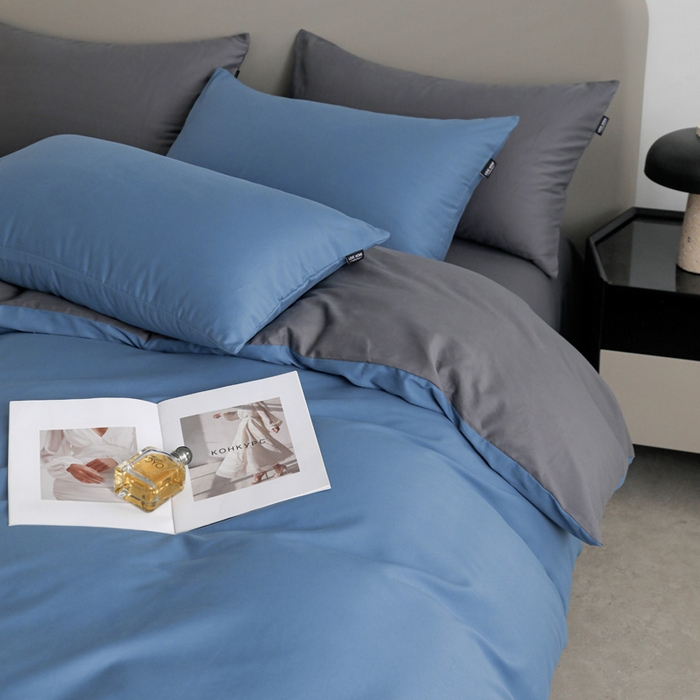 91家纺网 家纺一手货源 找家纺 富馨莱 2025新款60支纯棉纯色双拼四件套 布鲁蓝+深灰
