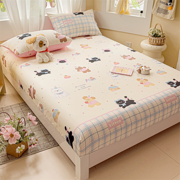 91家纺网 家纺一手货源 找家纺 名兮家居 2025新款13372全棉印花四件套单品系列-单床笠 可爱喵