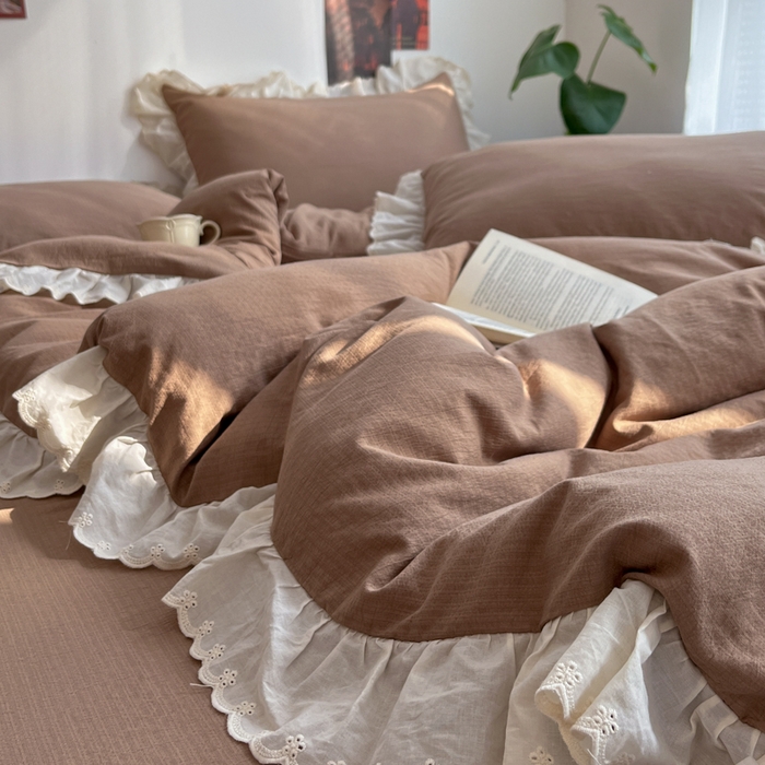 91家纺网 家纺一手货源 找家纺 慕澄家纺 2025新款中古风法式蕾丝复古四件套 咖啡