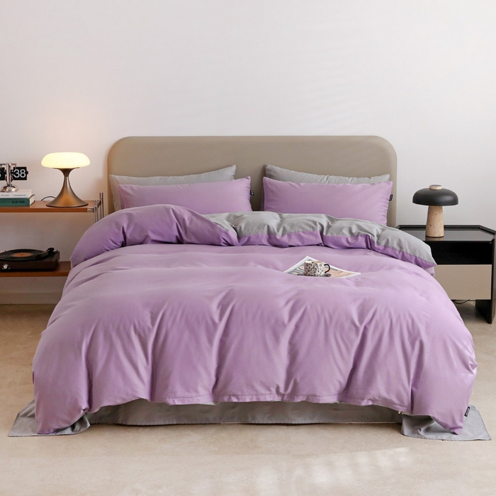 91家纺网 家纺一手货源 找家纺 富馨莱 2025新款60支纯棉纯色双拼四件套 丁香紫+浅灰