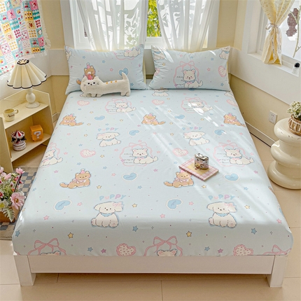 91家纺网 家纺一手货源 找家纺 名兮家居 2025新款13372全棉印花四件套单品系列-单床笠 萌宠-蓝