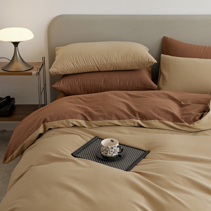 91家纺网 家纺一手货源 找家纺 富馨莱 2025新款60支纯棉纯色双拼四件套 卡其+亚麻咖