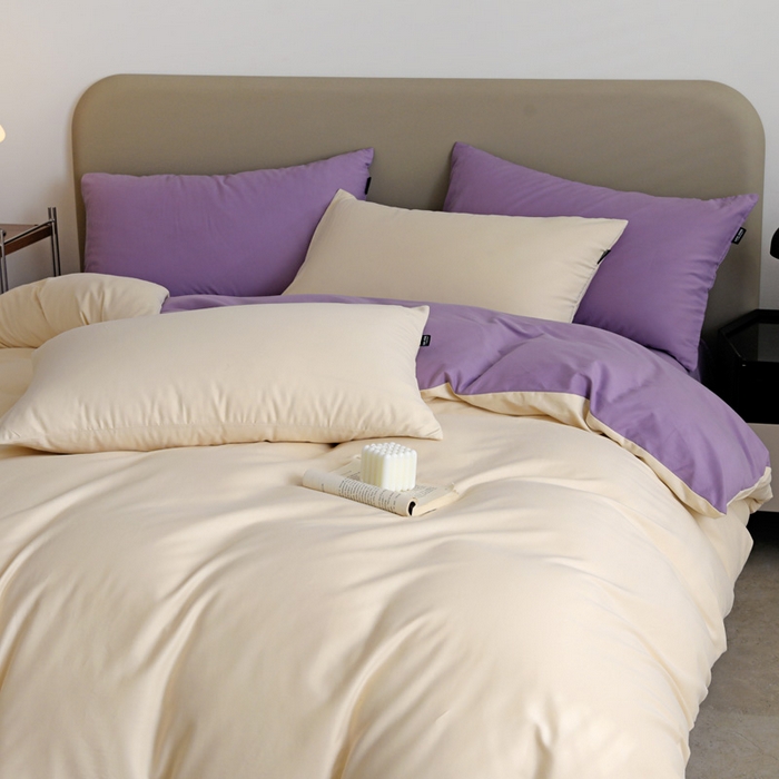 91家纺网 家纺一手货源 找家纺 富馨莱 2025新款60支纯棉纯色双拼四件套 奶白+丁香紫