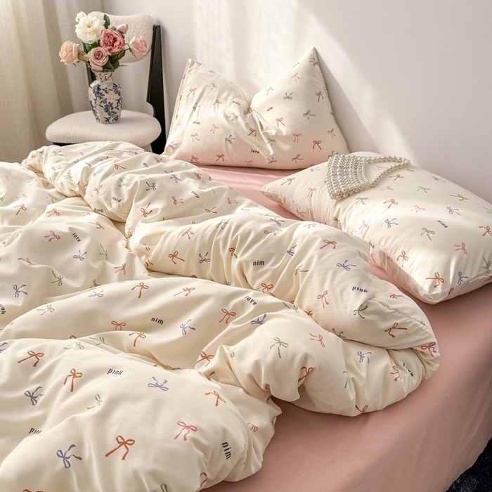 91家纺网 家纺一手货源 找家纺 欧尚 2025新款有氧针织双层纱四件套 蝴蝶结