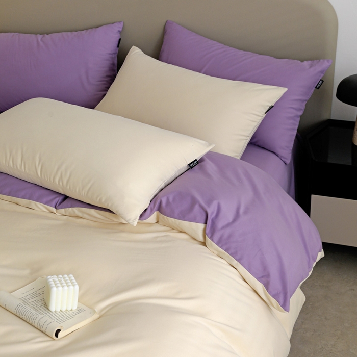 91家纺网 家纺一手货源 找家纺 富馨莱 2025新款60支纯棉纯色双拼四件套 奶白+丁香紫