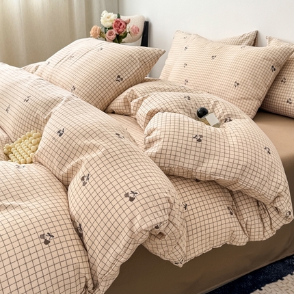 欧尚 2025新款有氧针织双层纱四件套 格子樱桃