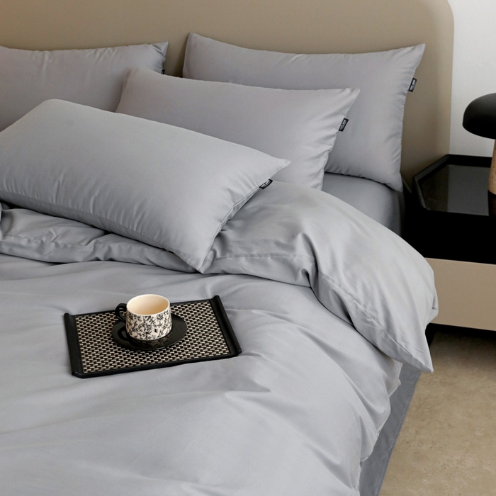 91家纺网 家纺一手货源 找家纺 富馨莱 2025新款60支纯棉纯色双拼四件套 浅灰