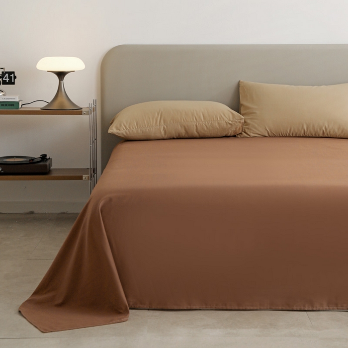 91家纺网 家纺一手货源 找家纺 富馨莱 2025新款60支纯棉纯色双拼四件套 卡其+亚麻咖