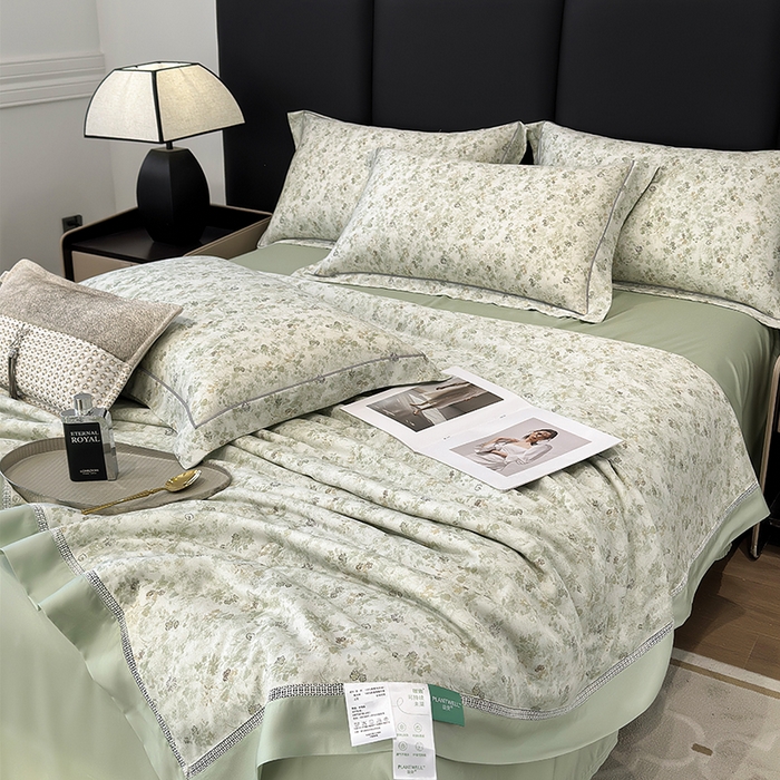 91家纺网 家纺一手货源 找家纺 娇逸家居 2025新款50支印花莱赛尔天丝夏被镂空款花边夏凉被 拾间