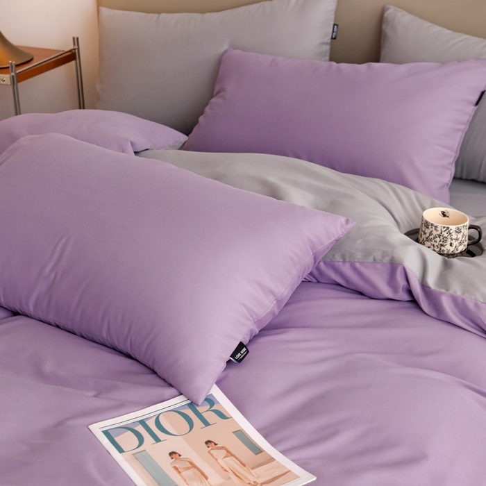 91家纺网 家纺一手货源 找家纺 富馨莱 2025新款60支纯棉纯色双拼四件套 丁香紫+浅灰