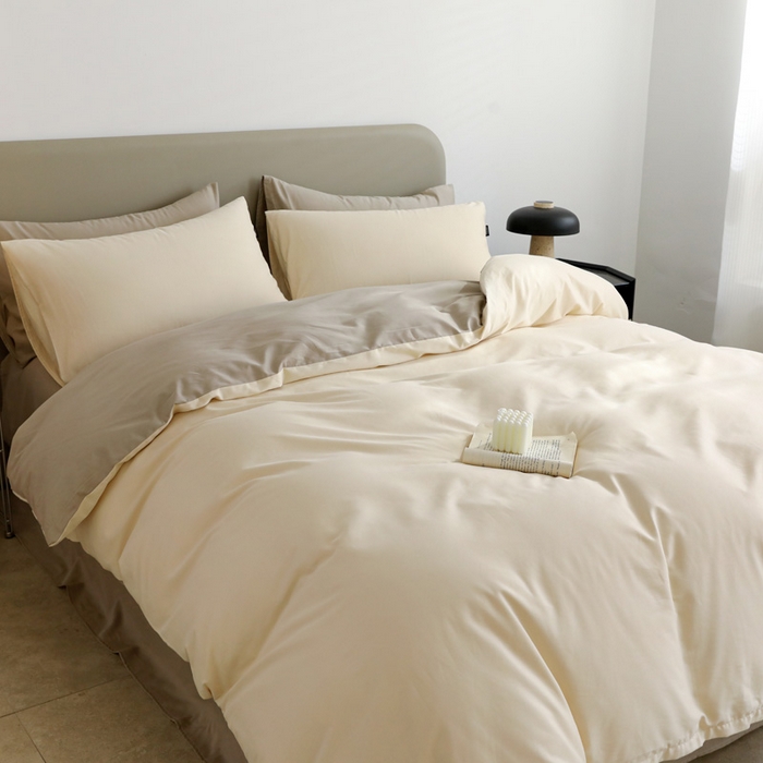 91家纺网 家纺一手货源 找家纺 富馨莱 2025新款60支纯棉纯色双拼四件套 奶白+岩石灰