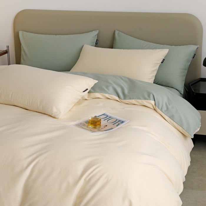 91家纺网 家纺一手货源 找家纺 富馨莱 2025新款60支纯棉纯色双拼四件套 奶白+抹茶绿