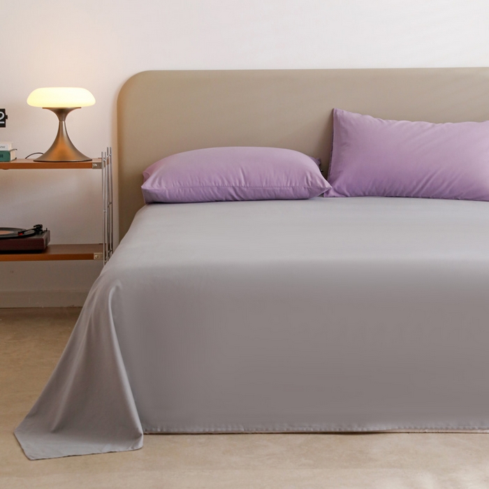 91家纺网 家纺一手货源 找家纺 富馨莱 2025新款60支纯棉纯色双拼四件套 丁香紫+浅灰