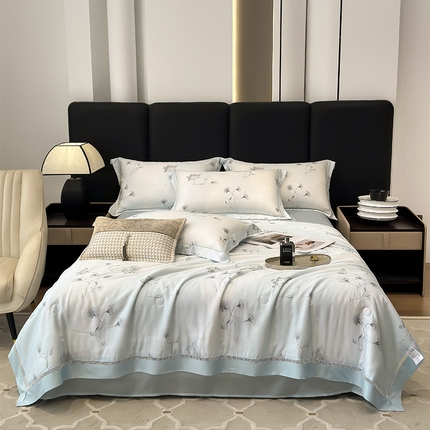 91家纺网 家纺一手货源 找家纺 （总）娇逸家居 2025新款50支印花莱赛尔天丝夏被镂空款花边夏凉被