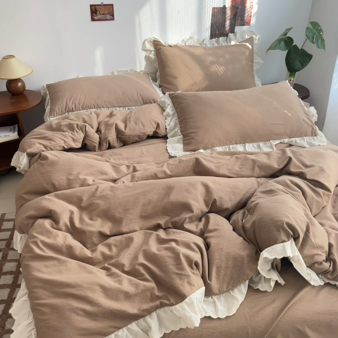 91家纺网 家纺一手货源 找家纺 慕澄家纺 2025新款中古风法式蕾丝复古四件套 咖啡