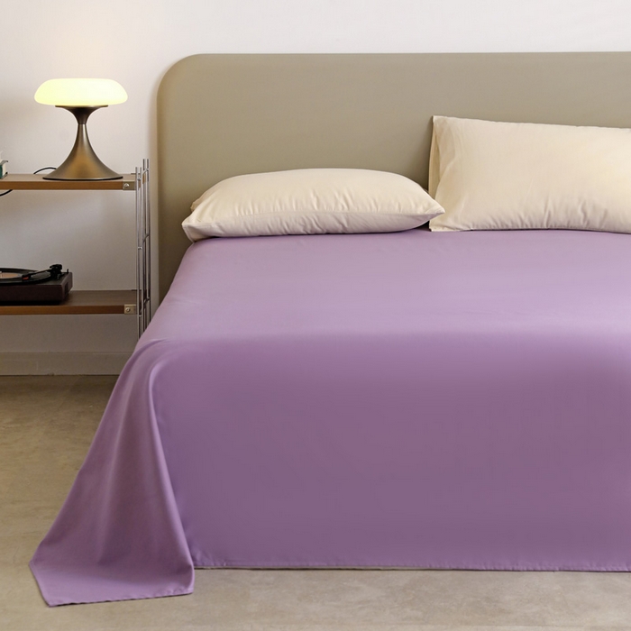 91家纺网 家纺一手货源 找家纺 富馨莱 2025新款60支纯棉纯色双拼四件套 奶白+丁香紫