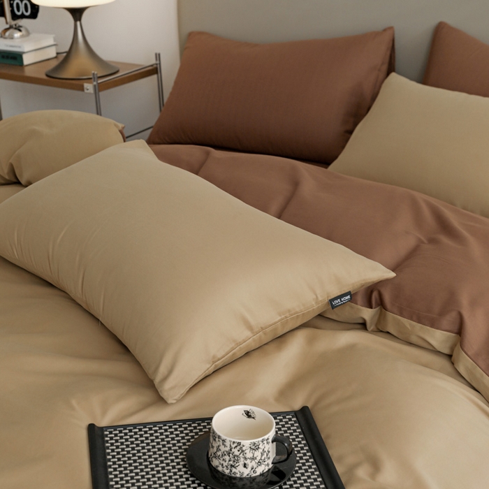 91家纺网 家纺一手货源 找家纺 富馨莱 2025新款60支纯棉纯色双拼四件套 卡其+亚麻咖