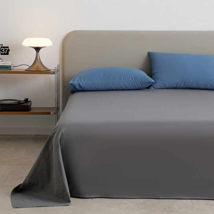 91家纺网 家纺一手货源 找家纺 富馨莱 2025新款60支纯棉纯色双拼四件套 布鲁蓝+深灰