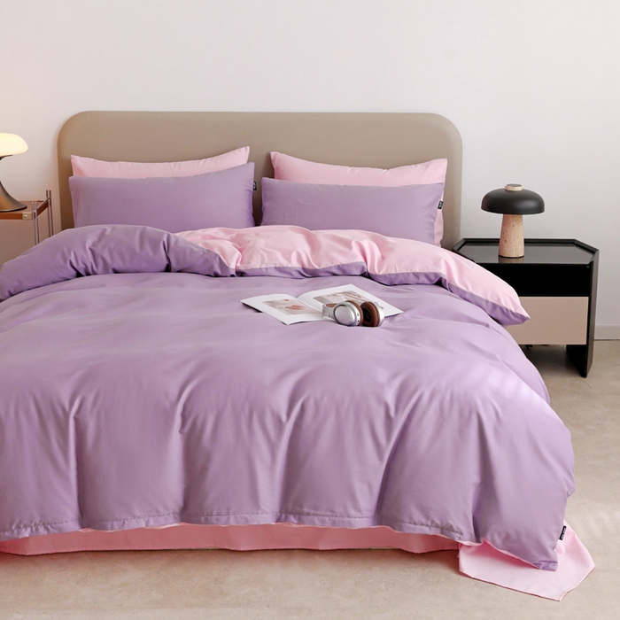 91家纺网 家纺一手货源 找家纺 富馨莱 2025新款60支纯棉纯色双拼四件套 丁香紫+白桃粉