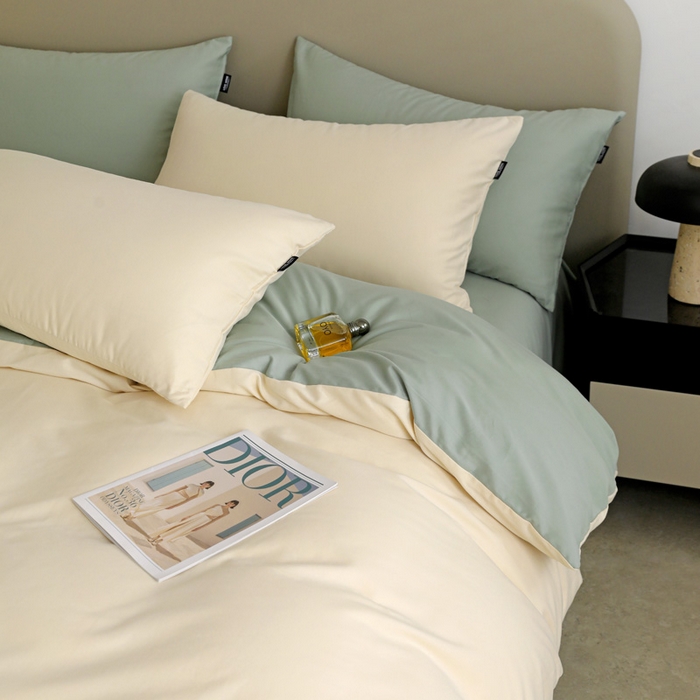 91家纺网 家纺一手货源 找家纺 富馨莱 2025新款60支纯棉纯色双拼四件套 奶白+抹茶绿