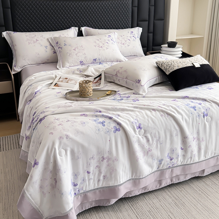 91家纺网 家纺一手货源 找家纺 娇逸家居 2025新款50支印花莱赛尔天丝夏被镂空款花边夏凉被 绮梦