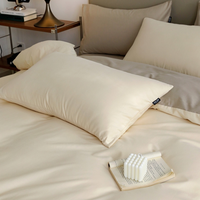 91家纺网 家纺一手货源 找家纺 富馨莱 2025新款60支纯棉纯色双拼四件套 奶白+岩石灰