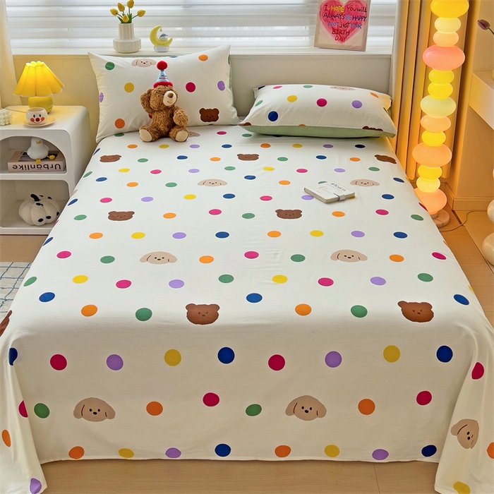 91家纺网 家纺一手货源 找家纺 名兮家居 2025新款13372全棉印花四件套单品系列-单床单 波点小熊