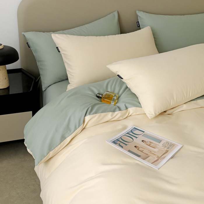 91家纺网 家纺一手货源 找家纺 富馨莱 2025新款60支纯棉纯色双拼四件套 奶白+抹茶绿