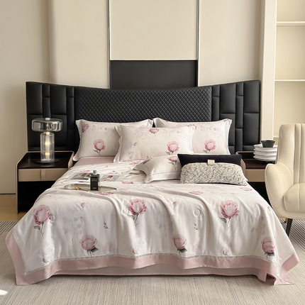 91家纺网 家纺一手货源 找家纺 （总）娇逸家居 2025新款50支印花莱赛尔天丝夏被镂空款花边夏凉被