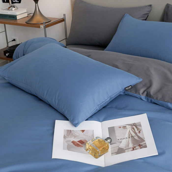 91家纺网 家纺一手货源 找家纺 富馨莱 2025新款60支纯棉纯色双拼四件套 布鲁蓝+深灰