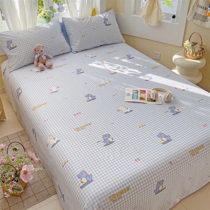 91家纺网 家纺一手货源 找家纺 名兮家居 2025新款13372全棉印花四件套单品系列-单床单 格子恐龙