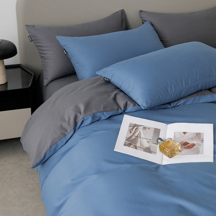 91家纺网 家纺一手货源 找家纺 富馨莱 2025新款60支纯棉纯色双拼四件套 布鲁蓝+深灰