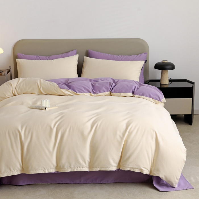 91家纺网 家纺一手货源 找家纺 富馨莱 2025新款60支纯棉纯色双拼四件套 奶白+丁香紫