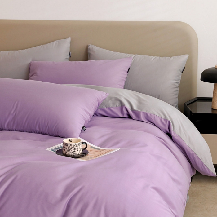 91家纺网 家纺一手货源 找家纺 富馨莱 2025新款60支纯棉纯色双拼四件套 丁香紫+浅灰