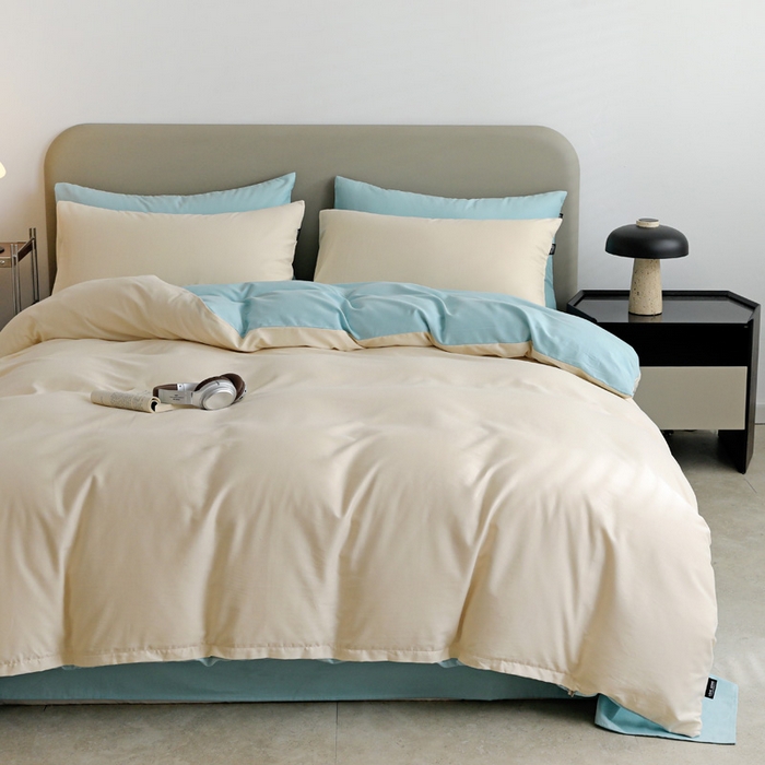 91家纺网 家纺一手货源 找家纺 富馨莱 2025新款60支纯棉纯色双拼四件套 奶白+婴儿蓝