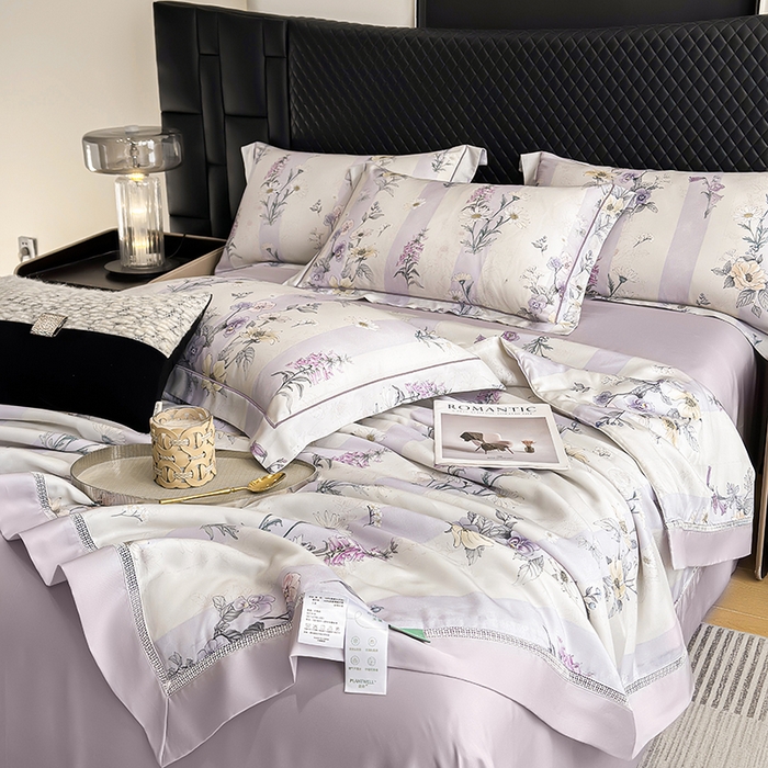 91家纺网 家纺一手货源 找家纺 娇逸家居 2025新款50支印花莱赛尔天丝夏被镂空款花边夏凉被 浅知