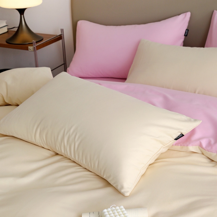 91家纺网 家纺一手货源 找家纺 富馨莱 2025新款60支纯棉纯色双拼四件套 奶白+白桃粉