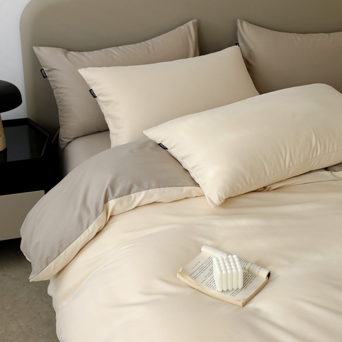 91家纺网 家纺一手货源 找家纺 富馨莱 2025新款60支纯棉纯色双拼四件套 奶白+岩石灰